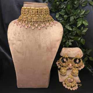 Pearly Antique Gold Double Choker Necklace Set (Necklace Earrings Tikka) - Golden / Baby Pink - Necklace Set