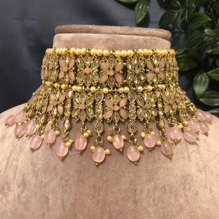 Pearly Antique Gold Double Choker Necklace Set (Necklace Earrings Tikka) - Golden / Baby Pink - Necklace Set