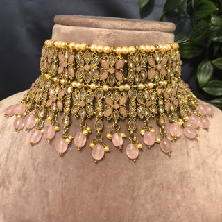Pearly Antique Gold Double Choker Necklace Set (Necklace Earrings Tikka) - Golden / Baby Pink - Necklace Set