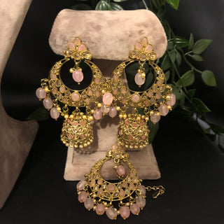 Pearly Antique Gold Double Choker Necklace Set (Necklace Earrings Tikka) - Golden / Baby Pink - Necklace Set