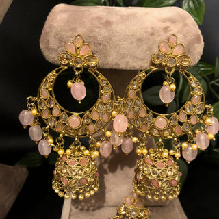Pearly Antique Gold Double Choker Necklace Set (Necklace Earrings Tikka) - Golden / Baby Pink - Necklace Set