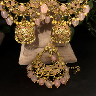 Pearly Antique Gold Double Choker Necklace Set (Necklace Earrings Tikka) - Golden / Baby Pink - Necklace Set