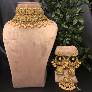 Pearly Antique Gold Double Choker Necklace Set (Necklace Earrings Tikka) - Golden / Peach - Necklace Set
