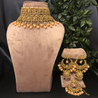Pearly Antique Gold Double Choker Necklace Set (Necklace Earrings Tikka) - Golden / Peach - Necklace Set