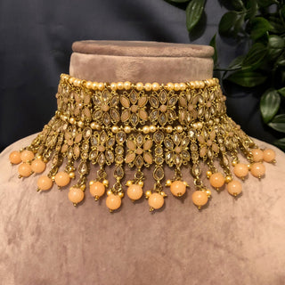 Pearly Antique Gold Double Choker Necklace Set (Necklace Earrings Tikka) - Golden / Peach - Necklace Set