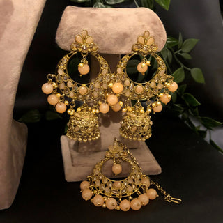 Pearly Antique Gold Double Choker Necklace Set (Necklace Earrings Tikka) - Golden / Peach - Necklace Set