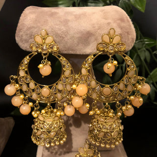 Pearly Antique Gold Double Choker Necklace Set (Necklace Earrings Tikka) - Golden / Peach - Necklace Set