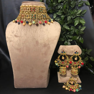 Pearly Antique Gold Double Choker Necklace Set (Necklace Earrings Tikka) - Golden / Multi - Necklace Set