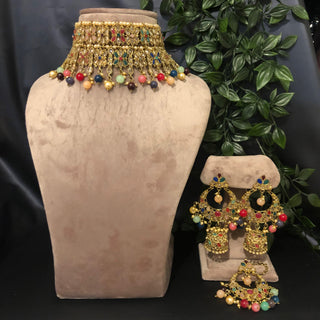 Pearly Antique Gold Double Choker Necklace Set (Necklace Earrings Tikka) - Golden / Multi - Necklace Set