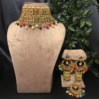 Pearly Antique Gold Double Choker Necklace Set (Necklace Earrings Tikka) - Golden / Multi - Necklace Set