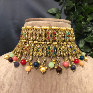 Pearly Antique Gold Double Choker Necklace Set (Necklace Earrings Tikka) - Golden / Multi - Necklace Set