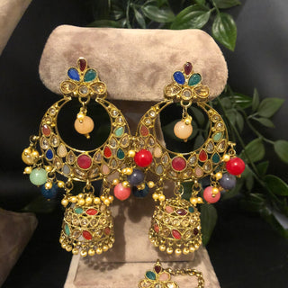Pearly Antique Gold Double Choker Necklace Set (Necklace Earrings Tikka) - Golden / Multi - Necklace Set