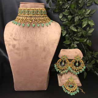 Pearly Antique Gold Necklace Set (Necklace Earrings Tikka) - Golden / Mint - Necklace Set