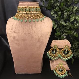 Pearly Antique Gold Necklace Set (Necklace Earrings Tikka) - Golden / Mint - Necklace Set