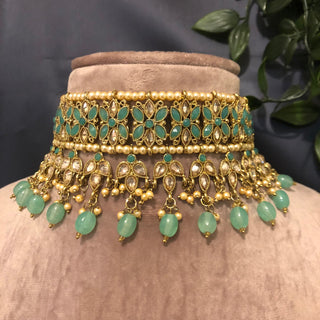 Pearly Antique Gold Necklace Set (Necklace Earrings Tikka) - Golden / Mint - Necklace Set