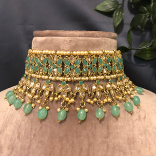 Pearly Antique Gold Necklace Set (Necklace Earrings Tikka) - Golden / Mint - Necklace Set