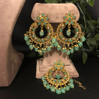 Pearly Antique Gold Necklace Set (Necklace Earrings Tikka) - Golden / Mint - Necklace Set