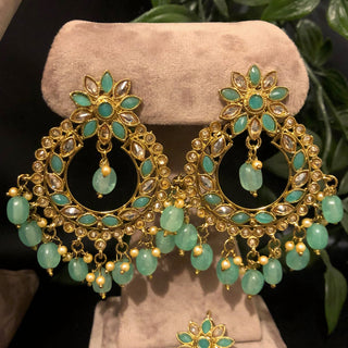 Pearly Antique Gold Necklace Set (Necklace Earrings Tikka) - Golden / Mint - Necklace Set