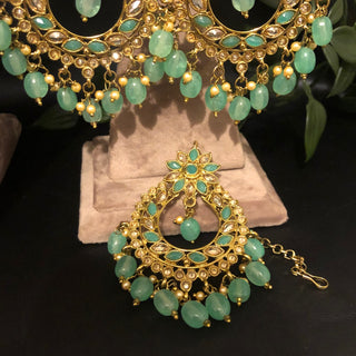 Pearly Antique Gold Necklace Set (Necklace Earrings Tikka) - Golden / Mint - Necklace Set