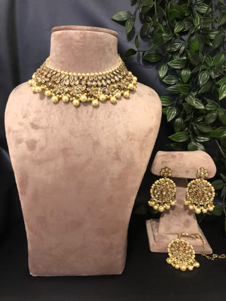 Pearly Antique Gold Necklace Set (Necklace Earrings Tikka) - Golden - Necklace Set