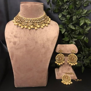Pearly Antique Gold Necklace Set (Necklace Earrings Tikka) - Golden - Necklace Set