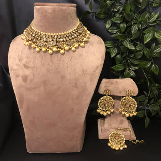 Pearly Antique Gold Necklace Set (Necklace Earrings Tikka) - Golden - Necklace Set