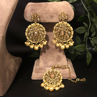Pearly Antique Gold Necklace Set (Necklace Earrings Tikka) - Golden - Necklace Set