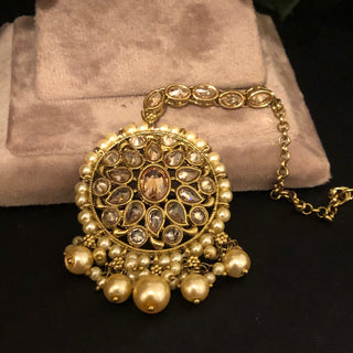 Pearly Antique Gold Necklace Set (Necklace Earrings Tikka) - Golden - Necklace Set