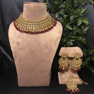 Pearly Antique Gold Necklace Set (Necklace Earrings Tikka) - Golden / Deep Red - Necklace Set