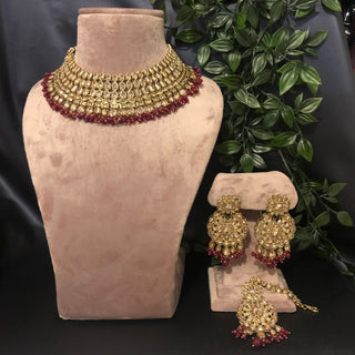 Pearly Antique Gold Necklace Set (Necklace Earrings Tikka) - Golden / Deep Red - Necklace Set