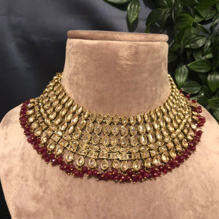 Pearly Antique Gold Necklace Set (Necklace Earrings Tikka) - Golden / Deep Red - Necklace Set