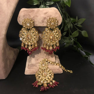 Pearly Antique Gold Necklace Set (Necklace Earrings Tikka) - Golden / Deep Red - Necklace Set
