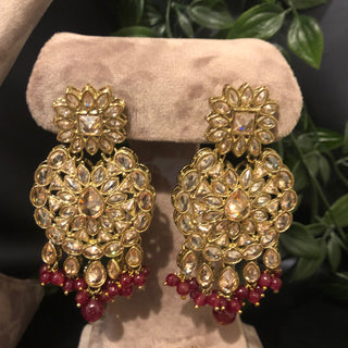 Pearly Antique Gold Necklace Set (Necklace Earrings Tikka) - Golden / Deep Red - Necklace Set