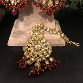 Pearly Antique Gold Necklace Set (Necklace Earrings Tikka) - Golden / Deep Red - Necklace Set