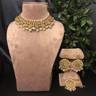 Pearly Antique Gold Necklace Set (Necklace Earrings Tikka) - Golden / Frosty Pink - Necklace Set