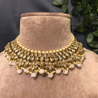 Pearly Antique Gold Necklace Set (Necklace Earrings Tikka) - Golden / Frosty Pink - Necklace Set