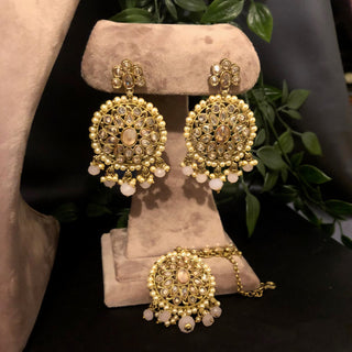 Pearly Antique Gold Necklace Set (Necklace Earrings Tikka) - Golden / Frosty Pink - Necklace Set