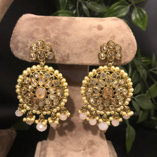 Pearly Antique Gold Necklace Set (Necklace Earrings Tikka) - Golden / Frosty Pink - Necklace Set