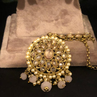 Pearly Antique Gold Necklace Set (Necklace Earrings Tikka) - Golden / Frosty Pink - Necklace Set