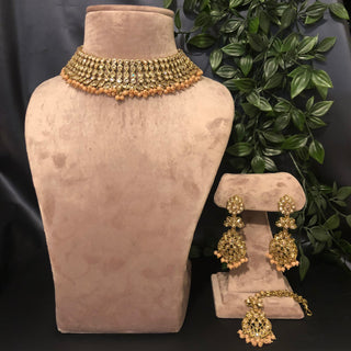 Pearly Antique Gold Necklace Set (Necklace Earrings Tikka) - Golden / Peach - Necklace Set