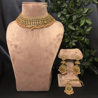 Pearly Antique Gold Necklace Set (Necklace Earrings Tikka) - Golden / Peach - Necklace Set