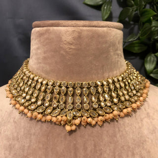 Pearly Antique Gold Necklace Set (Necklace Earrings Tikka) - Golden / Peach - Necklace Set