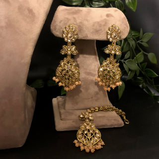 Pearly Antique Gold Necklace Set (Necklace Earrings Tikka) - Golden / Peach - Necklace Set
