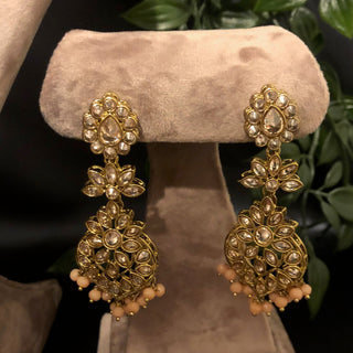 Pearly Antique Gold Necklace Set (Necklace Earrings Tikka) - Golden / Peach - Necklace Set