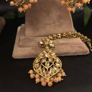 Pearly Antique Gold Necklace Set (Necklace Earrings Tikka) - Golden / Peach - Necklace Set