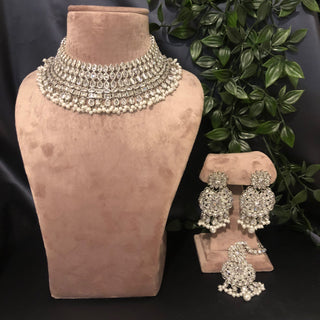 Pearly Antique Silver Necklace Set (Necklace Earrings Tikka) - Silver - Necklace Set