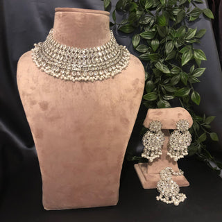 Pearly Antique Silver Necklace Set (Necklace Earrings Tikka) - Silver - Necklace Set