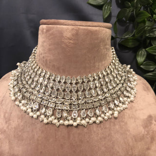 Pearly Antique Silver Necklace Set (Necklace Earrings Tikka) - Silver - Necklace Set