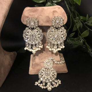 Pearly Antique Silver Necklace Set (Necklace Earrings Tikka) - Silver - Necklace Set