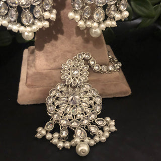 Pearly Antique Silver Necklace Set (Necklace Earrings Tikka) - Silver - Necklace Set